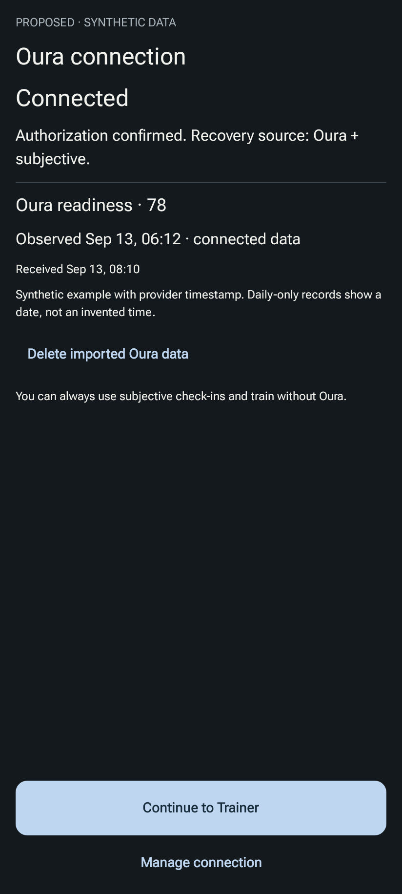 Upcoming optional Oura connection concept using synthetic data